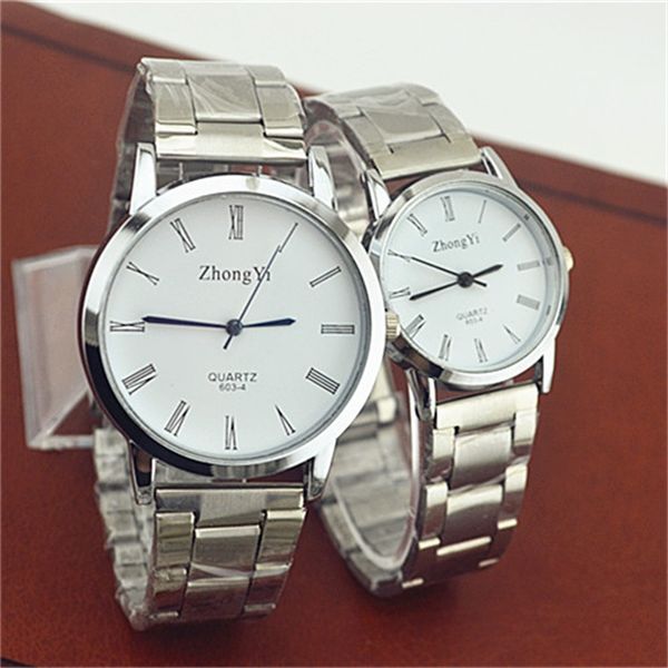 

lovers couple stainless steel watches mens women fashion roman numerals analog quartz wrist watch female clock woman, Slivery;brown