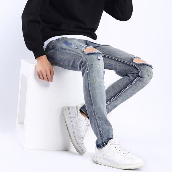 

tight graffiti stretch jeans man shredded jeans, Blue