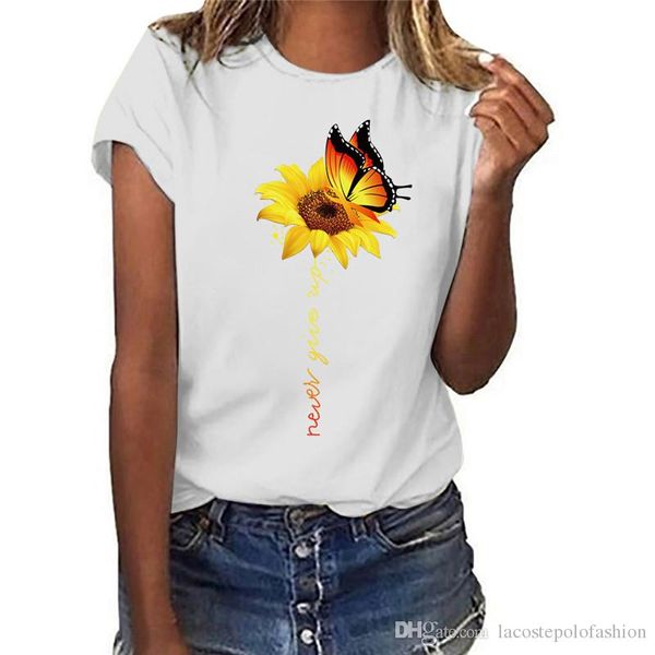 

sunflower and butterfly print womens casual tshirts fashion fresh sweet short sleeve designer womens summer clothes, White
