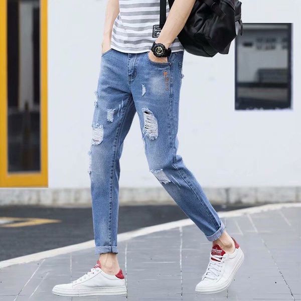 

men's jeans sokotoo blue pleated patchwork hole ripped biker for motorcycle casual slim skinny distressed stretch denim pants