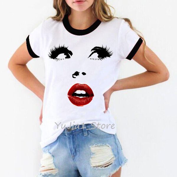

vogue t shirt women plus size lips eyelash makeup print t-shirt camiseta mujer ulzzang harajuku shirt femme white tshirt