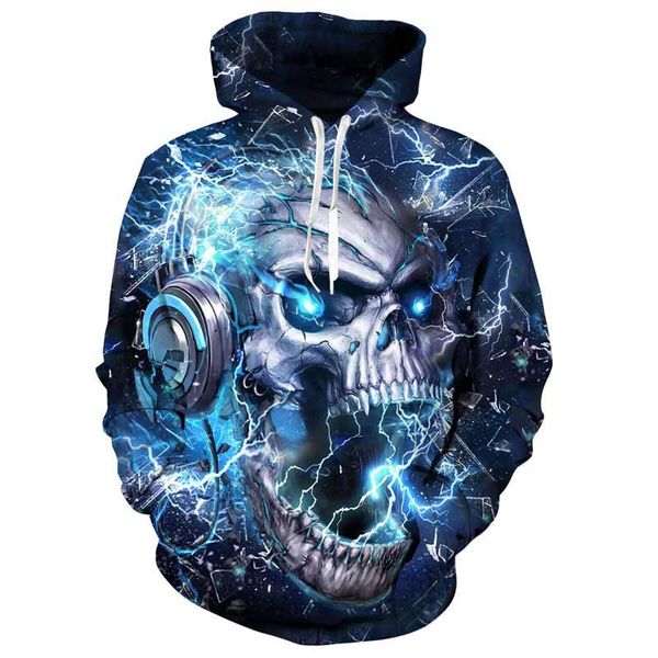 

new blue flame skull hoodies 3d sweatshirts men women hooded loose tracksuits autumn winter coat streetwear jackets hoodie, Black