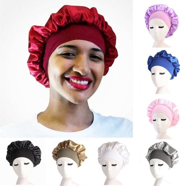 

fashion satin bonnet cap women long hair care hat women night sleep hat silk cap head wrap soft hair accessories py6, Blue;gray