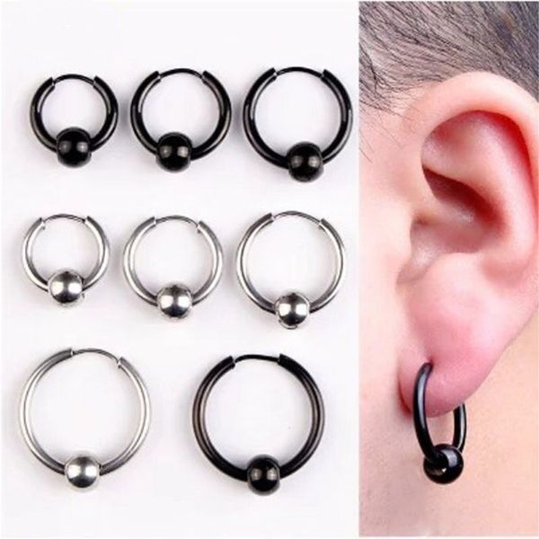 

yixi hoop earrings stainless steel punk men earrings ball pendant circle ring earring piercing jewelry christmas gift, Golden;silver