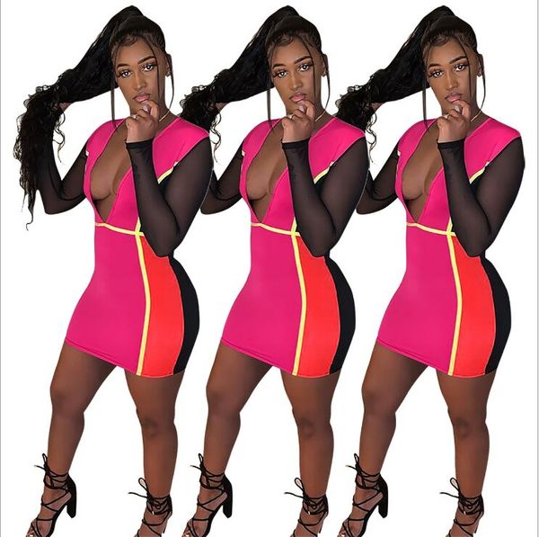 

длинные рукава белье мини-юбка платье модель заплатки втулки сетки глубокий v ночной клуб платье q420, White;black