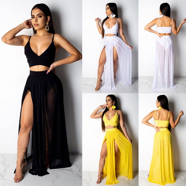 

women summer beach deep v party dress long skirt crop two piece set solid swimsuit swimwear cover up