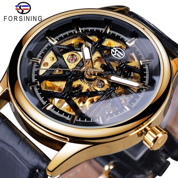 

forsining retro fashion golden black dial seleton clock male luminous hands men's mechanical wrist watches brand luxury, Slivery;brown