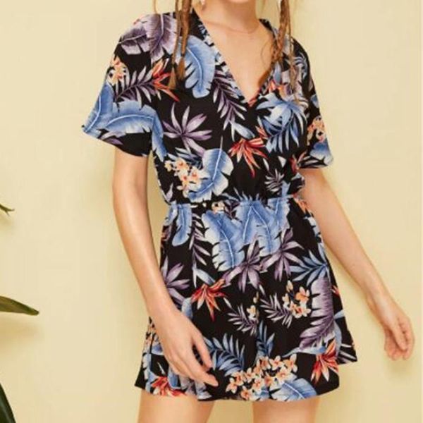 

women's jumpsuits & rompers jumpsuit women summer 2021 sweet korean version floral print short sleeve v-neck playsuit beach rompers#g1, Black;white