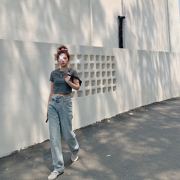 

zi chuan 2020 embroidered embroidery embroidery navel t-shir female round collar shor sleeve mini short t 3558, White