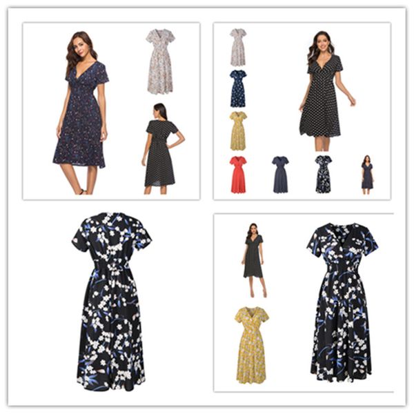 

summer womens long dress retro dots printed short sleeve chiffon beach skirts trendy dot flora print v-neck dress bohemian dresses ly303, White