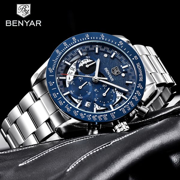 

benyar 2019 men's watches quartz wrist watch men chronograph sport waterproof watch men relogio masculino, Slivery;brown