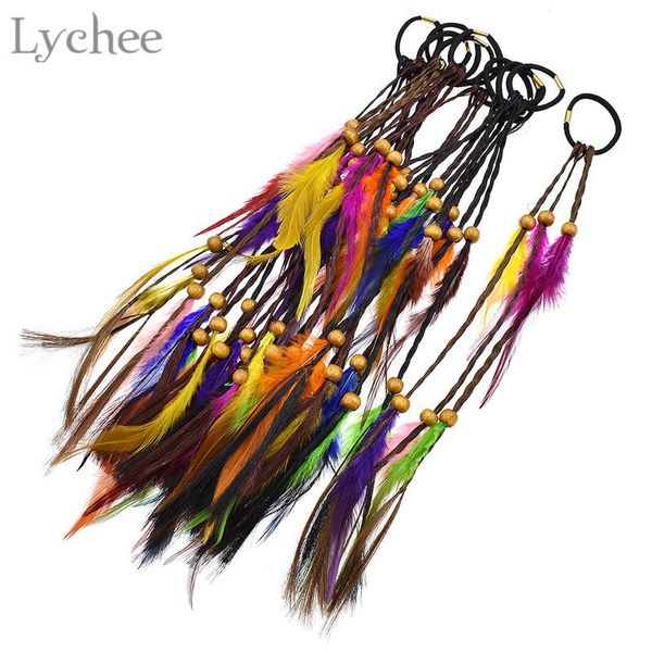 2019 Lychee Boho Dreadlock Beads Colorful Feather Elastic Hair