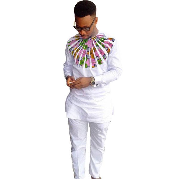 

tailor made men's patchwork shirt and white trouser african fashion pant sets wedding wear male formal outfits customized, Gray