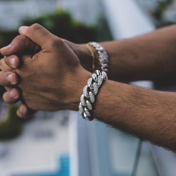

2019 men hip hop iced out bling cz bracelet pave setting rhinestone 20mm width miami cuban link bracelets hiphop jewelry gifts, Golden;silver