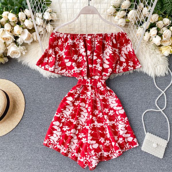 

boho sexy цветочные печати оборки ползунки 2020 плеча комбинезон бандаж повседневный женщин короткий летний легкий костюм с шортами beach ho, Black;white