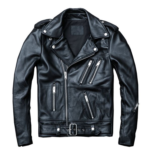 

2019 slim fit cowhide motorcycle leather coat black men spring genuine biker's leather jacket plus size xxxxl