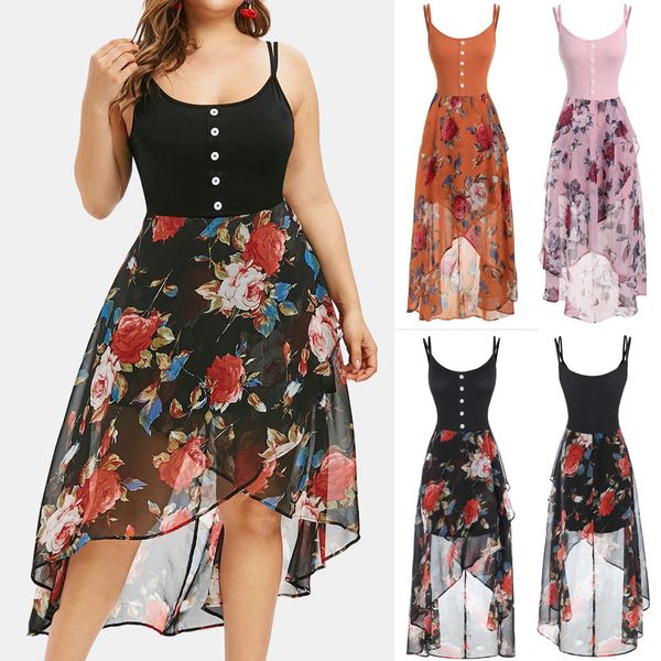 

summer dress fashion women plus size sleeveless buttons splice floral print overlay high low dresses woman party night vestidos, Black;gray