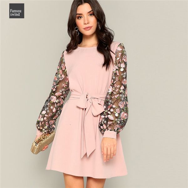 

pink flower mini dresses embroidered mesh sleeve belted a line dress office women spring long sleeve mid waist lady, Black;gray
