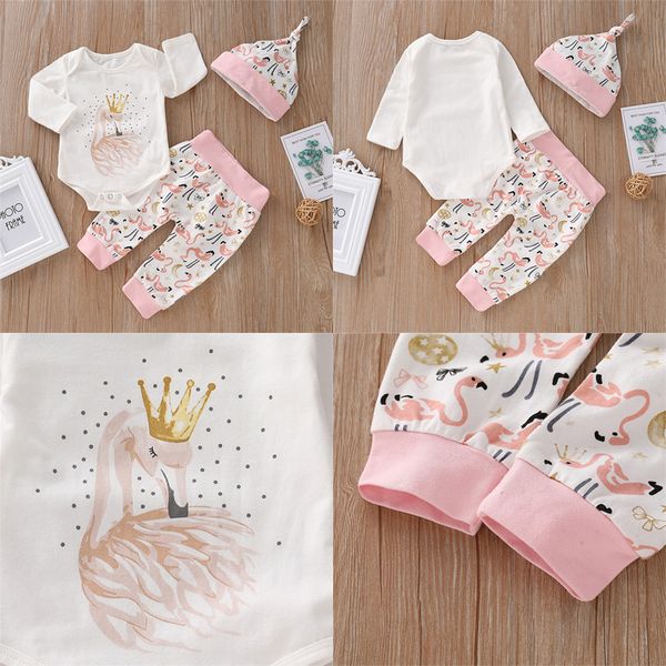 

flamingo baby girl clothes baby bodysuits long sleeve+long pants+hat 3 piece sets kids clothing sets kids designer clothes girls dhl fj168, White