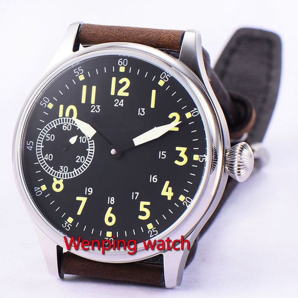 

vintage 44mm corgeut black sterile dial luminous 17 jewels asian 6497 mechanical hand winding movement men's watch, Slivery;brown