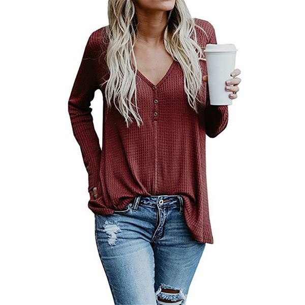 

womens designer t shirts solid color autumn casual long sleeved button v-neck t shirts womens fashion tees, White