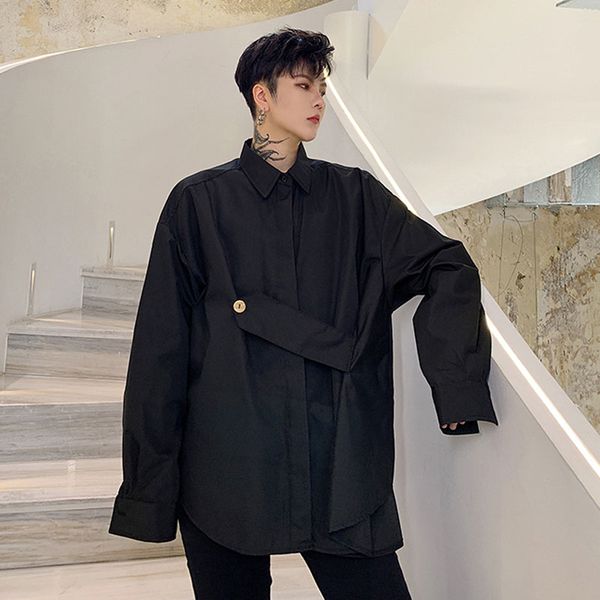 

men long sleeve button design loose casual shirt male vintage fashion streetwear hip hop party dress shirt stage clothing, White;black