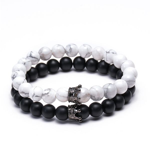 

europe and america lava volcanic rock natural bai song shi couples bracelets dull polish stone micro zircon copper crown bracele, Silver