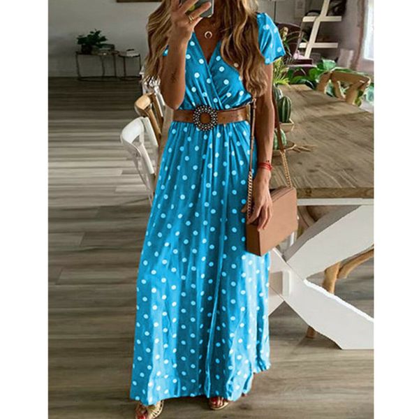 

boho women summer maxi long dress fashion ladies short sleeve v-neck beach evening party polka dot sundress, Black;gray