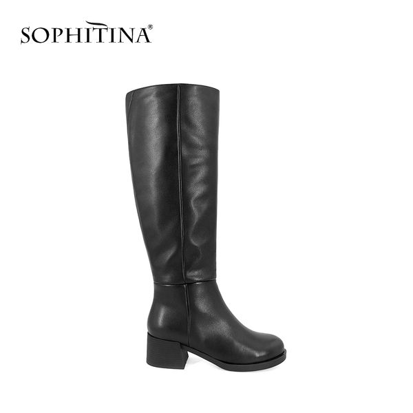 

sophitina new 2019 boots elegant round toe high heel knee-high shoes quality genuine leather warm wool fur women work boots ba3, Black