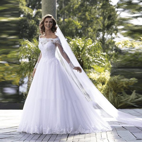 

новое прибытие дешевые белый тюль линия пляж с длинным рукавом свадебные платья свадебные платья дешевые кружева свадебные платья vestidos d, White