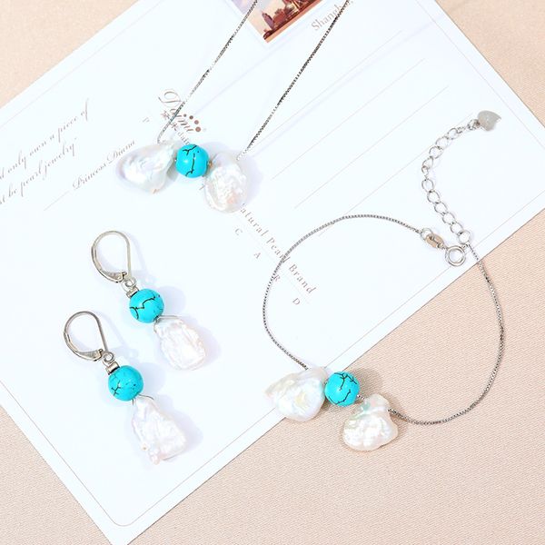 

daimi 14-15mm pearl jewelry sets 925 sterling silver necklace turquoise sets keshi pearl personalized necklace for women, Black