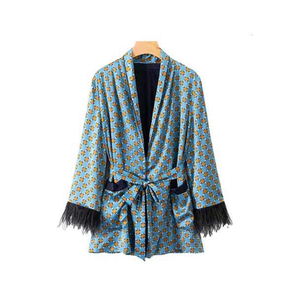 

women trench coat women vintage print loose regular kimono bow tie sashes pockets tassel decorate outerwear oversized ladies ca060, Tan;black