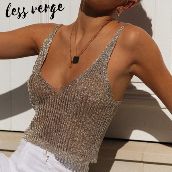 

lessverge knitted short crop 2019 women v neck sleeveless autumn camis casual backless party club short shirt, White