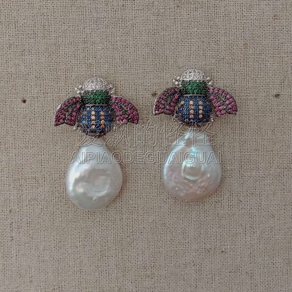 

e051616 white coin pearl white golden plated battle cz earrings, Silver