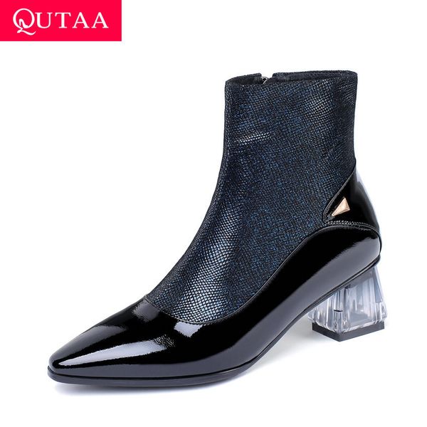 

qutaa 2020 patchwork cow patent leather sheepskin women shoes zipper pointed toe transparent middle heel ankle boots size 34-42, Black