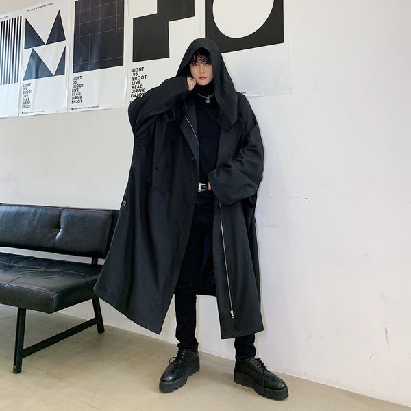 

2019 men oversize loose casual black hooded long trench coat male women streetwear gothic windbreaker jacket overcoat cloak, Tan;black