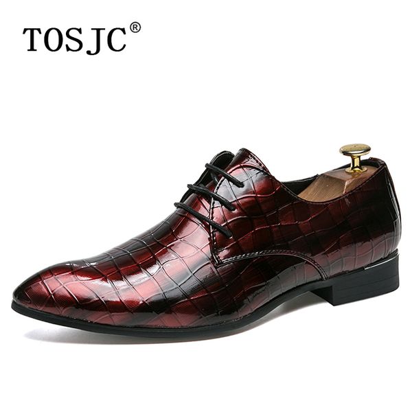 

tosjc fashion mens dress derby shoes patent leather pointed-toe oxfords for man lace-up formal shoe comfort wedding social shoes, Black