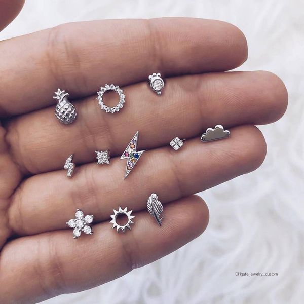 

11 Pcs/set Fashion Crystal Clouds Stars Moon Pineapple Leaves Silver Earrings Set Women Cute Jewelry Accessories Lover Gifts