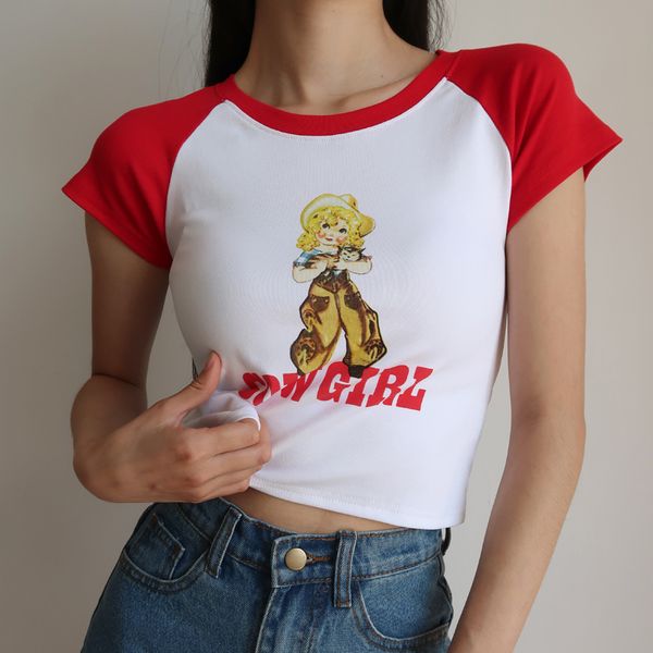 

women cowgirl print t-shirt with contrast crew neck and raglan sleeve, White