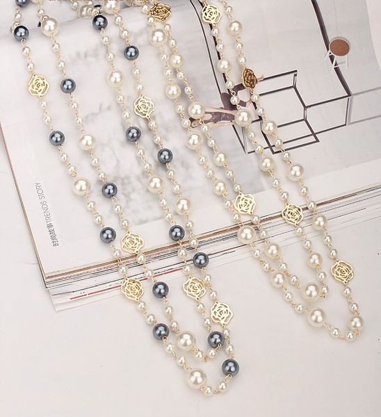 

fashion designer luxury classic style hollow roses elegant bright pearls long sweater statement necklace for woman, Black