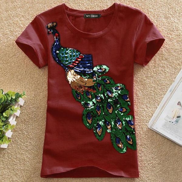 

women's new peacock pattern sequin embroidery cotton short sleeve t-shirt women's slim fashion 110, White