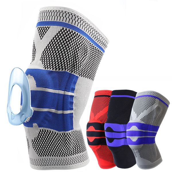 

sport safety protector silicone knee pad support side bars spring brace elastic nylon leg bandage basketball fitness pressure, Black;gray