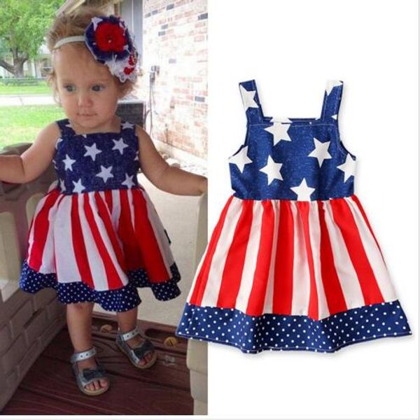 Baby Mädchen Kleidung Kinder Unabhängigkeitstag Kleid Mädchen Stern Streifen Druck Flagge US American Princess Kleider Baby Hosenträger ärmellos LT585