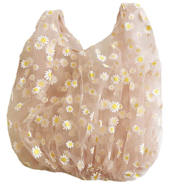 

spring women small transparent tote mesh cloth bag daisy embroidery handbag eco fruit bag purse for girls