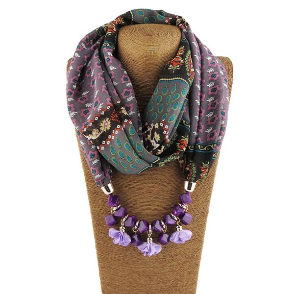 

new geometric beads necklaces printing flowers pattern wrap chiffon statement scarf necklace for women bohemian jewelry