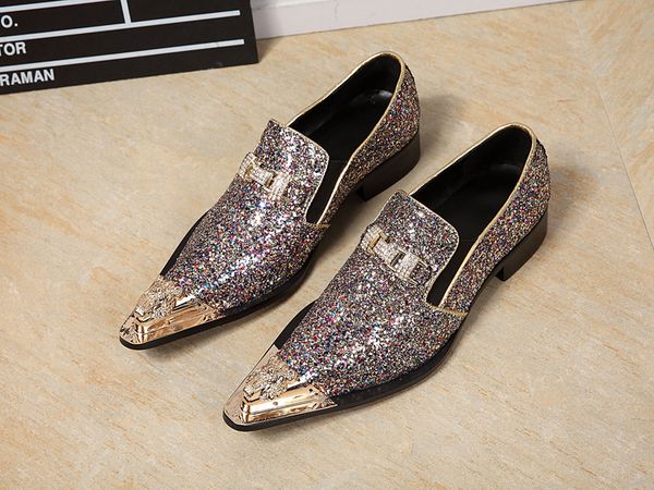 

Europe and the United States steel-toed shoes personality super pointed exaggerated fashion men's shoes sequins color nightclub stage low fo