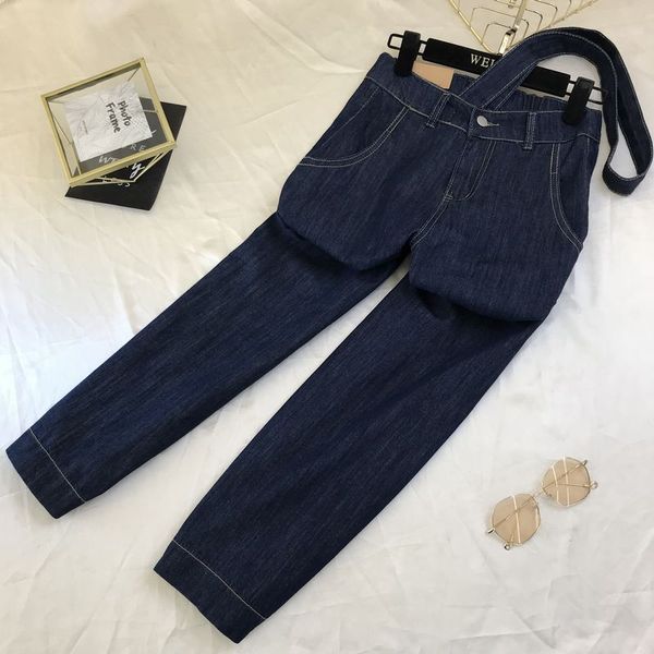 

2020 summer new dark jeans for women single shoulder strap straight tapered double purpose design jeans girl student denim pants, Blue
