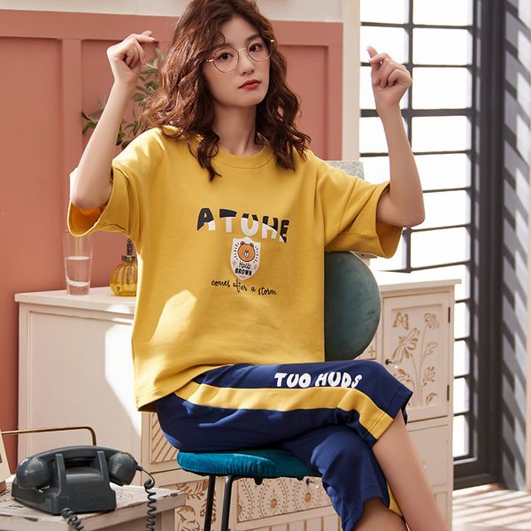 

factory price short sleeve cotton women home clothing girl pajamas casual pajamas sets for women sleepwear, Blue;gray