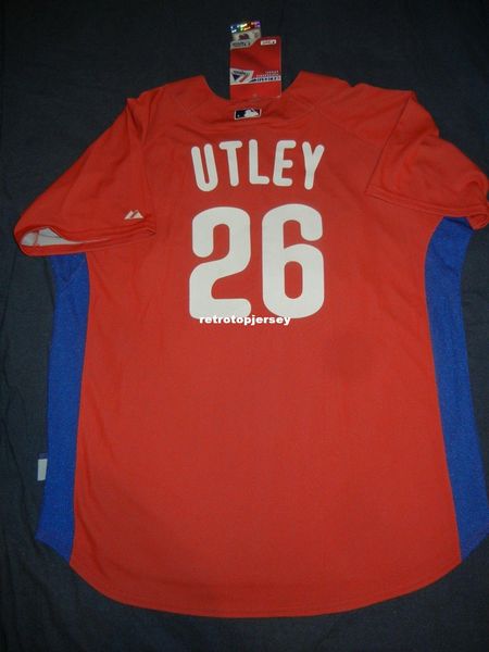 

retro chase utley 26# philadelphia majestic batting practice bp jersey xl nwt red mens stitched baseball jerseys, Black;blue