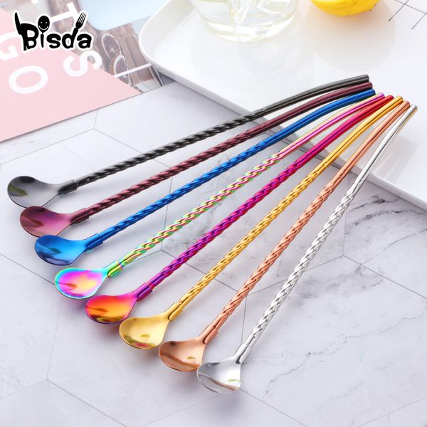 

2pcs long twisted straw spoon portable gold scoop reusable colored stainless steel straws black dinnerware set for bar party
